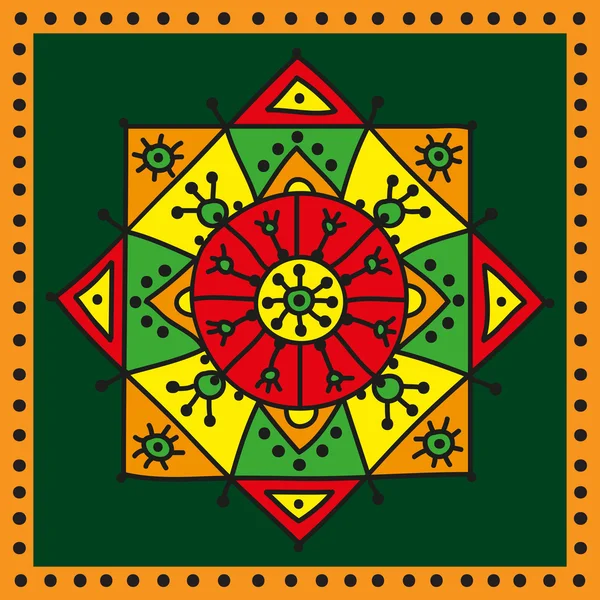 Dekorative bunte ethnische Rosette auf dunkelgrünem Hintergrund mit einfachem Rahmen — Stockvektor