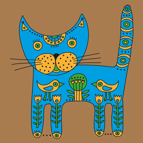 Decorative ethnic blue cat on a beige background — Wektor stockowy