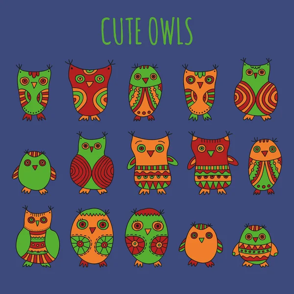 Cute vector collection of bright owls on a dark blue background — Stockvector