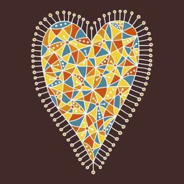 Kahverengi bir arka plan üzerinde renkli desenli dekoratif patchwork kalp