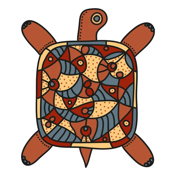 Tortuga decorativa con adorno en su concha en colores oscuros sobre un fondo blanco — Vector de stock