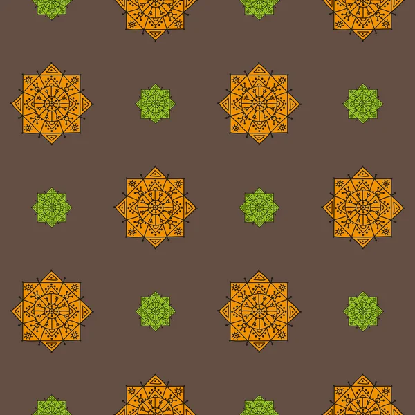 Patrón sin costuras con rosetas étnicas anaranjadas y verdes sobre un fondo marrón — Archivo Imágenes Vectoriales