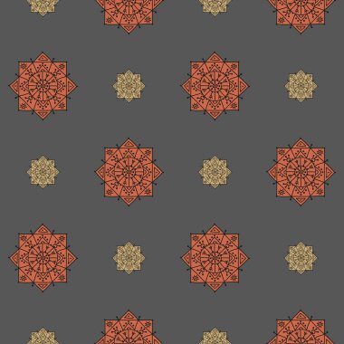Seamless pattern with small and big ethnic rosettes on a grey background