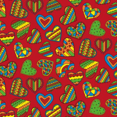 Decorative colorful hearts seamless pattern on a red background