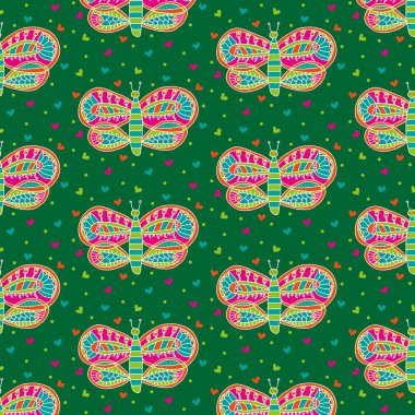 Cute bright colorful butterflies and hearts seamless pattern on a green background