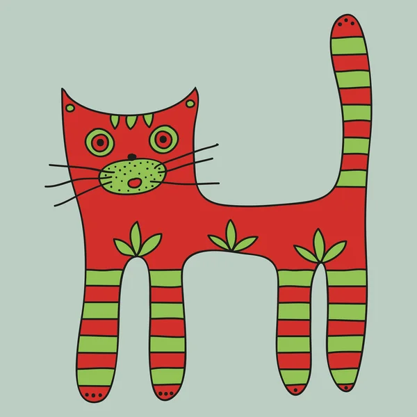 Cute red cat with striped paws and tail on a light grey background — Stock vektor