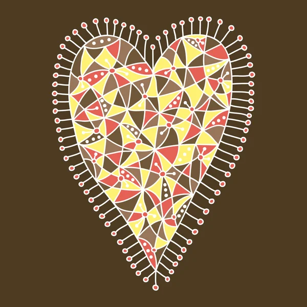 Dekoratives Patchwork-Herz mit buntem Muster auf braunem Hintergrund — Stockvektor