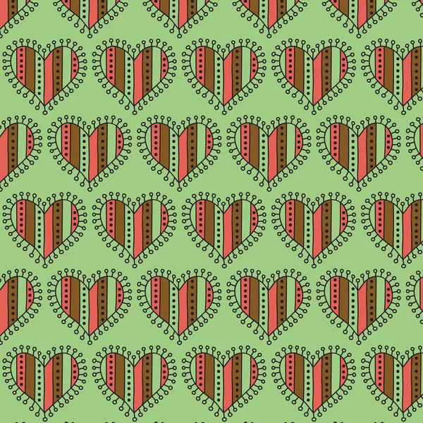 Decorative striped heart seamless pattern on a green background — Stock Vector