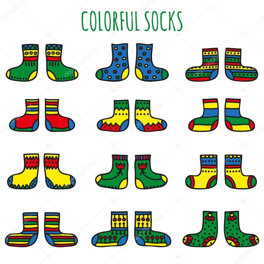 Set of colorful socks with different patterns on a white background