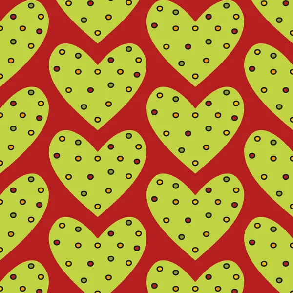 Gepunktetes grünes Herznahtmuster auf rotem Hintergrund — Stockvektor