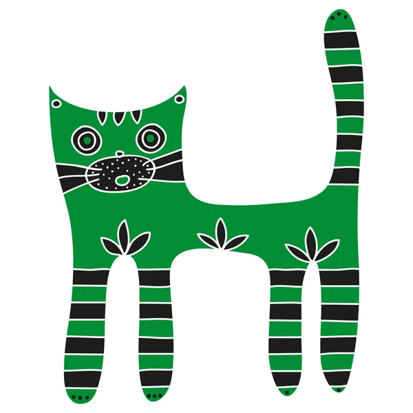 Lindo gato verde con patas rayadas y cola sobre un fondo blanco — Vector de stock