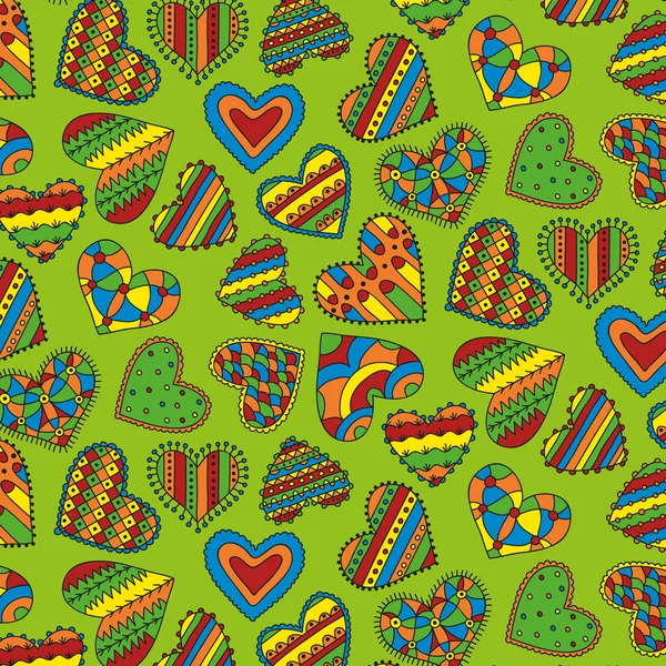 Handgezeichnete dekorative bunte Herzen mit nahtlosem Muster auf hellgrünem Hintergrund — Stockvektor
