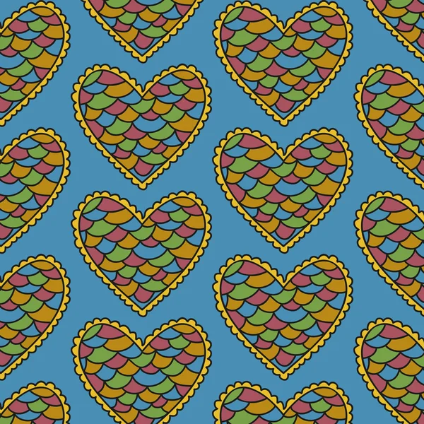 Dekorative schuppige Herz nahtlose Muster auf blauem Hintergrund — Stockvektor