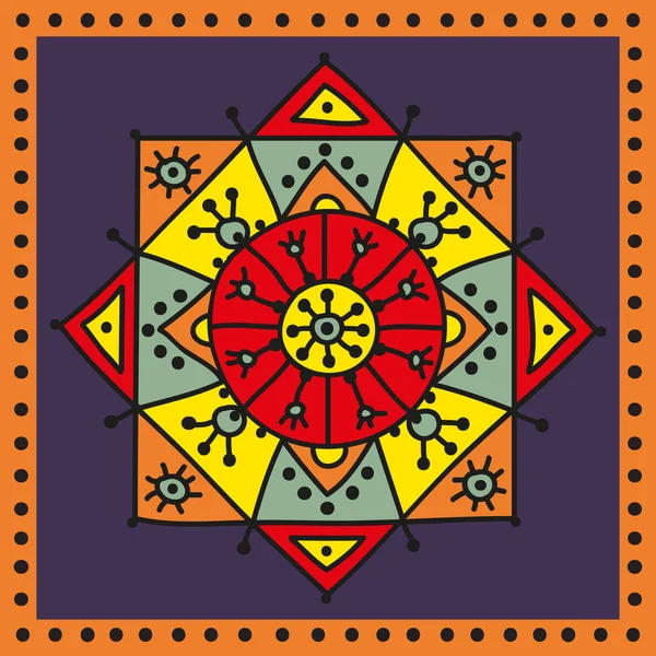 Dekorative bunte ethnische Rosette auf dunkelviolettem Hintergrund mit Rahmen — Stockvektor