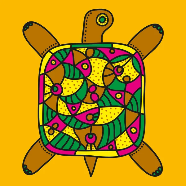 Helle dekorative Schildkröte mit Ornament auf orangefarbenem Hintergrund — Stockvektor