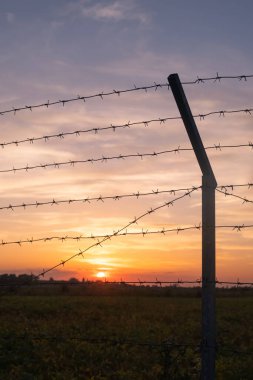 Günbatımında dikenli tel silueti.