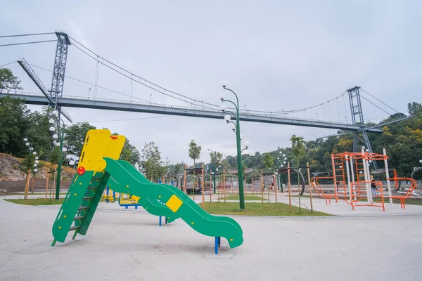 Reconstructed River Quay Small Town Zhytomyr Ukraine Playground Bridge Background — Stock Photo, Image