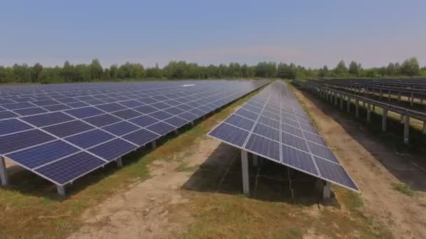 空中ドローンの視点から草原の真ん中にある数百個の太陽エネルギーモジュール又はパネルの行の航空映像 — ストック動画
