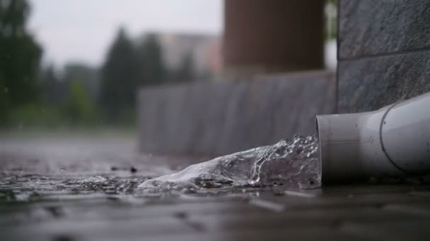 Strong rain water flowing out from rain drain pipe on a building wall close-up — Stock Video