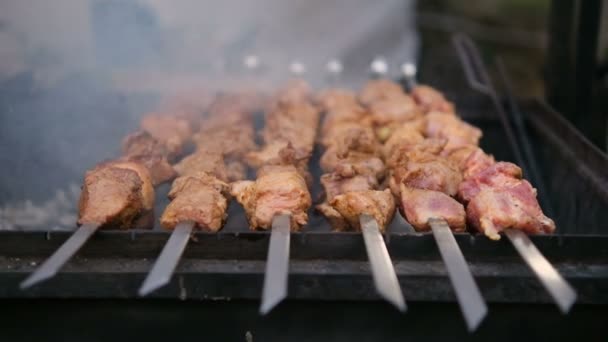 Rostning saftig kött biff med kryddor i brinnande kol eld på bbq nätet — Stockvideo