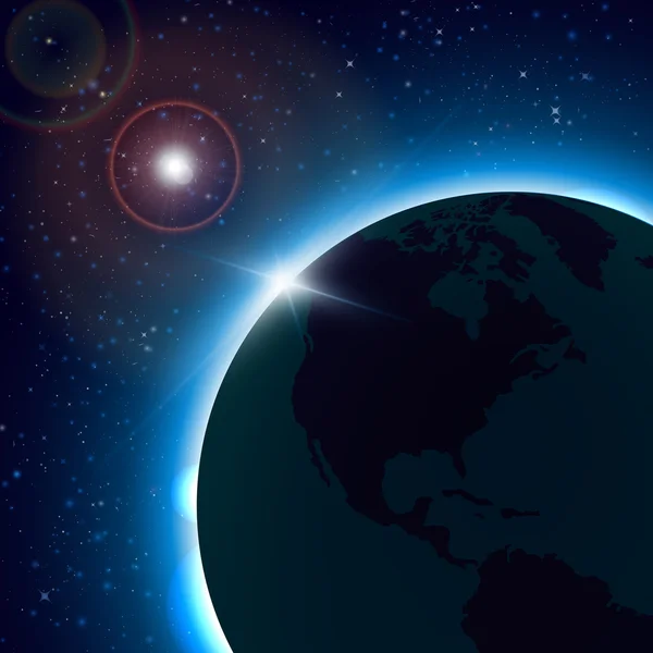 Planeta Tierra con salida del sol en el espacio. Mapa del mundo con globos editables detallados. Fondo de espacio vectorial — Vector de stock