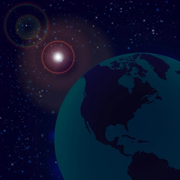 Planeta Tierra con salida del sol en el espacio. Mapa del mundo con globos editables detallados. Fondo de espacio vectorial — Archivo Imágenes Vectoriales