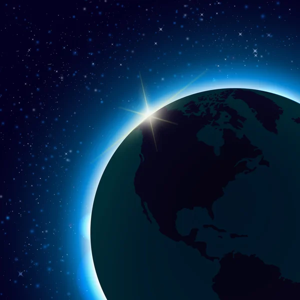 Planeta Tierra con salida del sol en el espacio. Mapa del mundo con globos editables detallados. Fondo de espacio vectorial — Vector de stock
