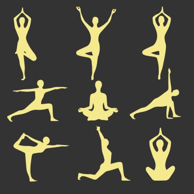 Yoga pozisyonları. Siluetleri Icons set. Vektör çizim