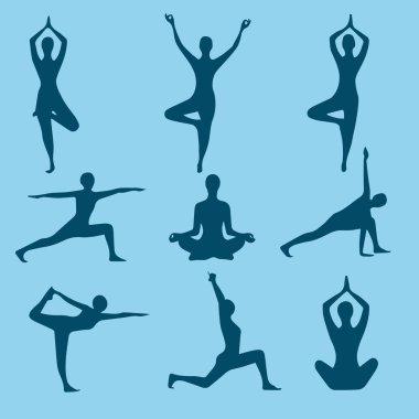 Yoga pozisyonları. Siluetleri Icons set. Vektör çizim