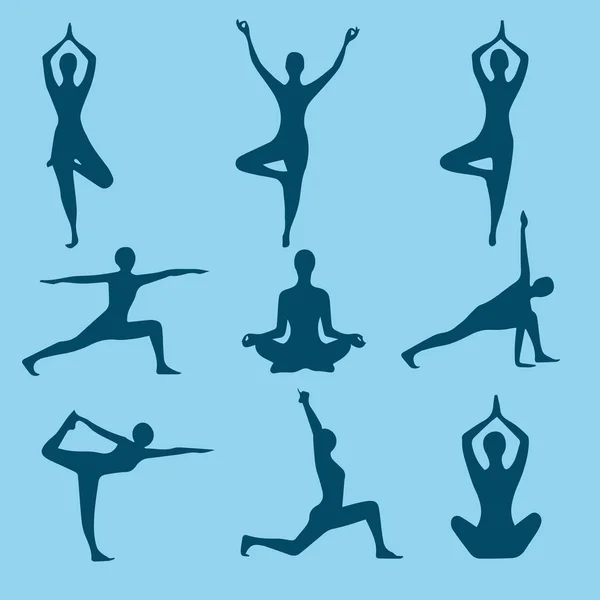 Posizioni di yoga. Icone sagome impostate. Illustrazione vettoriale — Vettoriale Stock