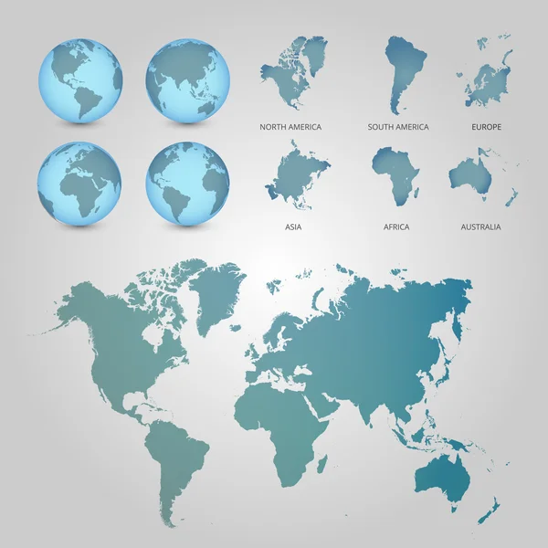 Världskarta med glober detaljerad redigerbara. Vektor illustration. — Stock vektor