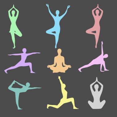 Yoga pozisyonları. Siluetleri Icons set. Vektör çizim