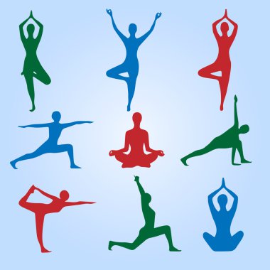 Yoga pozisyonları. Siluetleri Icons set. Vektör çizim