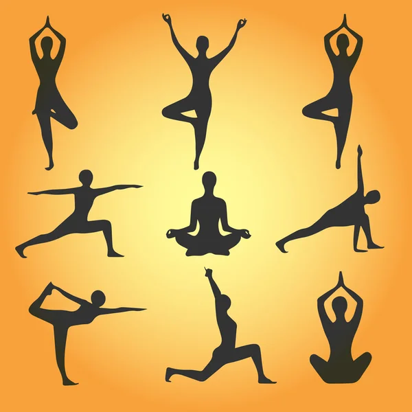 Yoga-Positionen. Silhouetten Ikonen gesetzt. Vektorillustration — Stockvektor