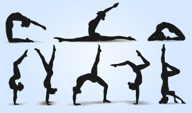 Yoga pozisyonları. Siluetleri Icons set. Vektör çizim