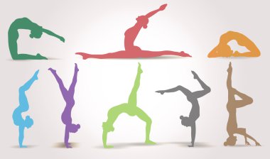 Yoga pozisyonları. Siluetleri Icons set. Vektör çizim