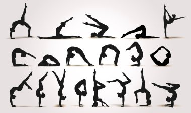 Yoga pozisyonları. Siluetleri Icons set. Vektör çizim