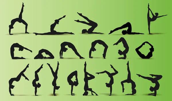 Posizioni di yoga. Icone sagome impostate. Illustrazione vettoriale — Vettoriale Stock