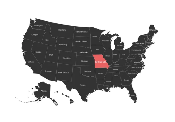 Karta över Usa. Bild med urklippsbana och namnet på stater. Statlig mark. Vektor illustration. — Stock vektor