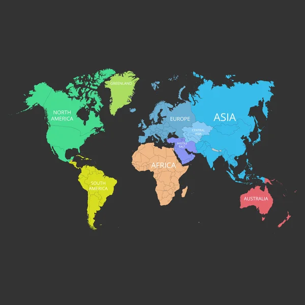 Mapa del mundo con los nombres de los continentes. Ilustración vectorial . — Vector de stock