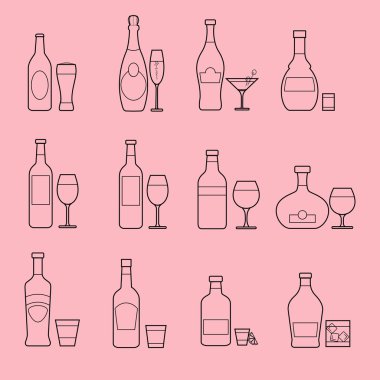 Gözlük simgeleri ile alkollü içecekler ayarlayın. Vektör çizim.
