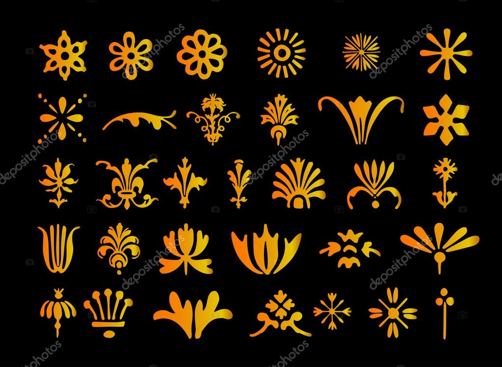 Different Ornaments Set Isolated on black Background