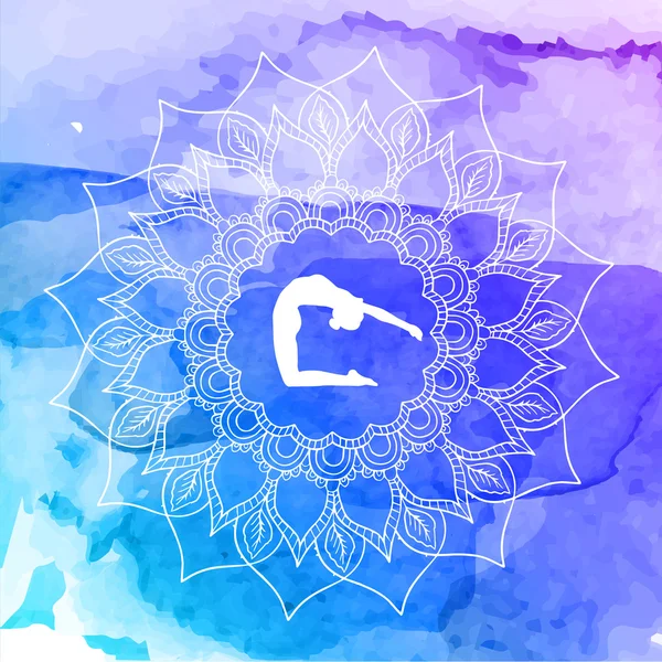 Renkli bir arkaplanda beyaz süslemeli yoga pozisyonu. Vektör illüstrasyonu.