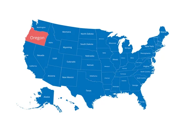 Mapa de Estados Unidos. Imagen con ruta de recorte y nombre de los estados. Marca estatal. Oregon. Ilustración vectorial . — Vector de stock