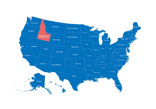 Mapa de Estados Unidos. Imagen con ruta de recorte y nombre de los estados. Marca estatal. Idaho. Ilustración vectorial . — Vector de stock