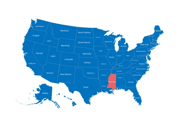 Mapa dos EUA. Imagem com caminho de recorte e nome dos estados. Marca de estado. Mississippi. Ilustração vetorial . — Vetor de Stock