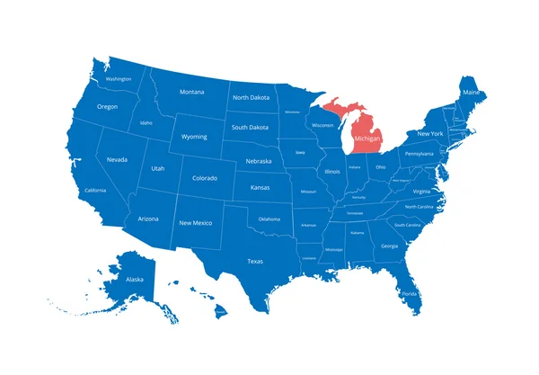 Mapa de Estados Unidos. Imagen con ruta de recorte y nombre de los estados. Marca estatal. Michigan. Ilustración vectorial . — Vector de stock