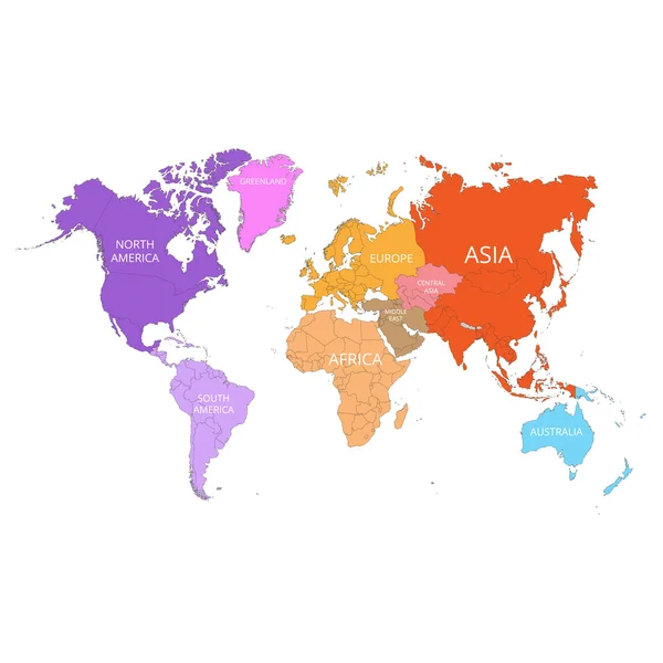 Carte du monde avec les noms des continents. Illustration vectorielle . — Image vectorielle