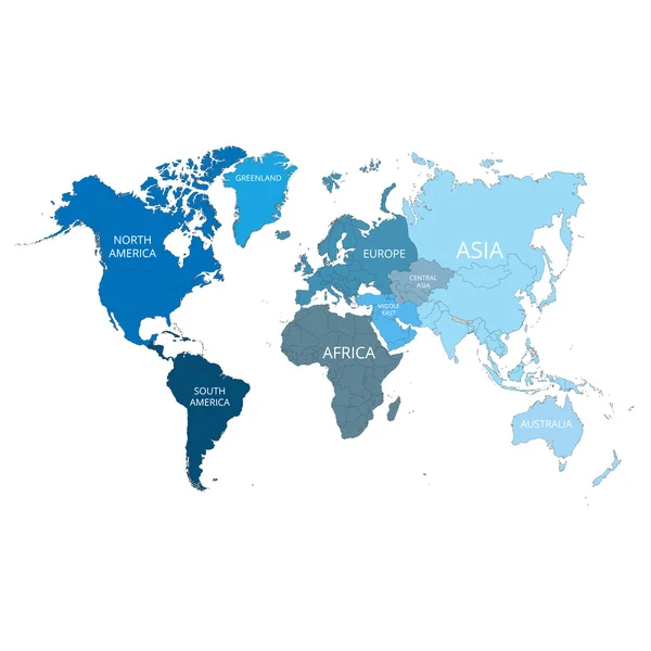 Weltkarte mit den Namen der Kontinente. Vektorillustration. — Stockvektor
