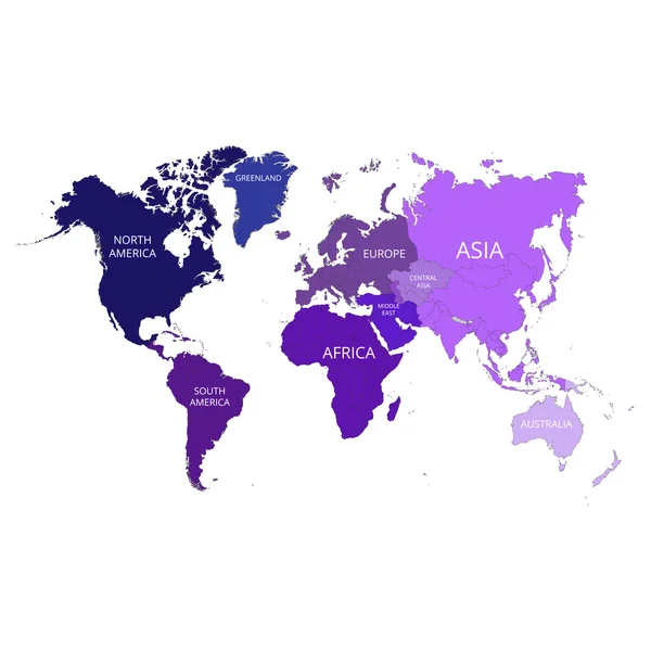 Mappa del mondo con i nomi dei continenti. Illustrazione vettoriale . — Vettoriale Stock